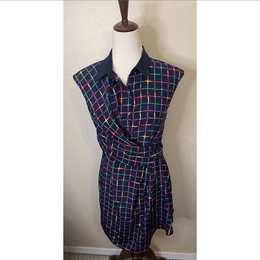 NWT Louche Cassidy Dress Black with Multicolor Faux Wrap Dress Size 10 Large